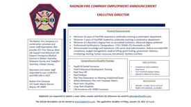 Applicants are requested to submit a cover letter, resume and three (3) references via email to admin@radnorfire.com. The application deadline is Friday, January 14, 2022 at 5 p.m.